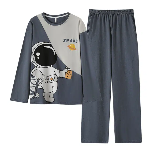 乐姿韵 高级感亲肤舒适圆领套头长袖休闲青少年可外穿长裤睡衣套装 男 蓝色