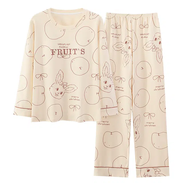 莫代尔 优雅亲肤柔软细腻透气带胸垫防走光长袖长裤可外穿睡衣套装 女 杏色