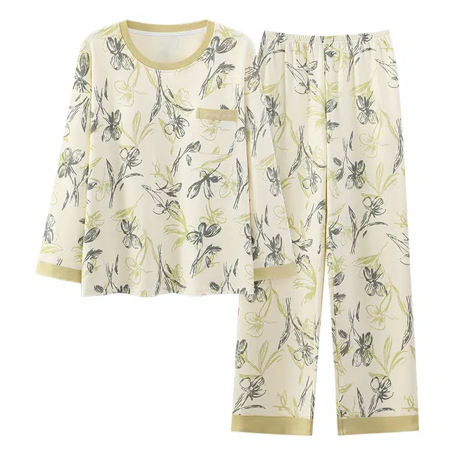 莫代尔 优雅亲肤柔软透气带胸垫防走光不透点圆领长袖长裤可外穿居家服睡衣套装 女款 杏色