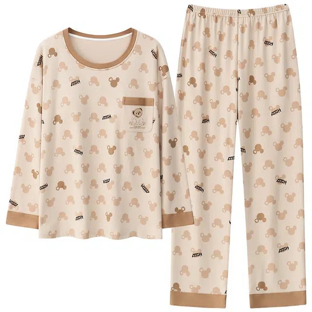 莫代尔 纯棉轻盈吸湿排汗舒适透气亲肤细腻柔软耐磨微弹带胸垫长袖长裤居家休闲可外穿秋冬季睡衣套装 女款 杏色