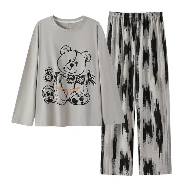 乐姿韵 高级感卡通印花圆领休闲大码长袖长裤家居服睡衣套装 男 灰色