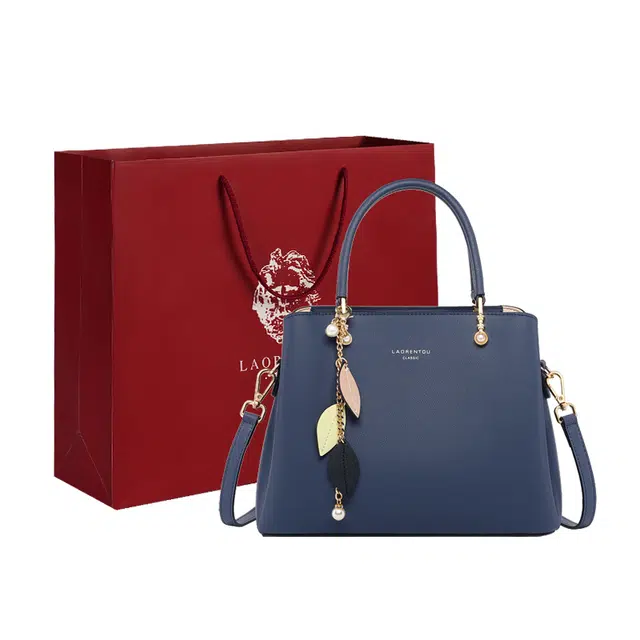 老人头 百搭实用通勤上班中年妈妈款女包大气高级感 牛皮配合成革 手提包 女 蓝色