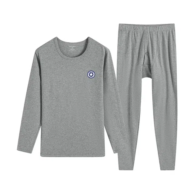 贴身领域 青少年学生青年纯棉时尚可外穿圆领长袖印花秋衣秋裤打底棉毛衫大学生高中生内衣保暖套装 男