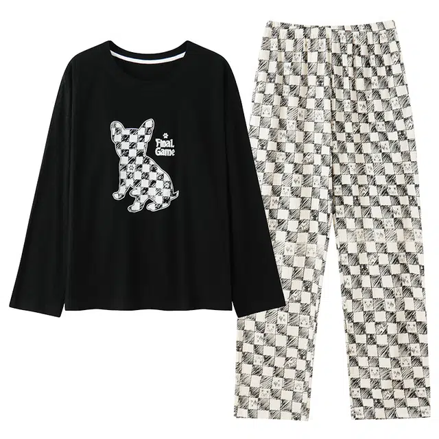 莫代尔 圆领简约舒适长袖上衣松紧腰长裤睡衣套装 女 黑色