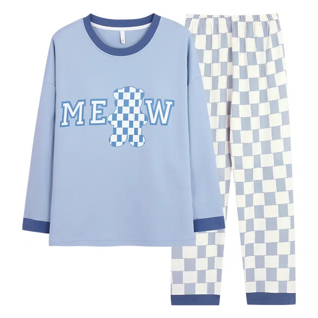 莫代尔 亲肤柔软细腻无感小清新透气带胸垫防走光圆领长袖长裤可外穿睡衣套装 女款 孔雀蓝