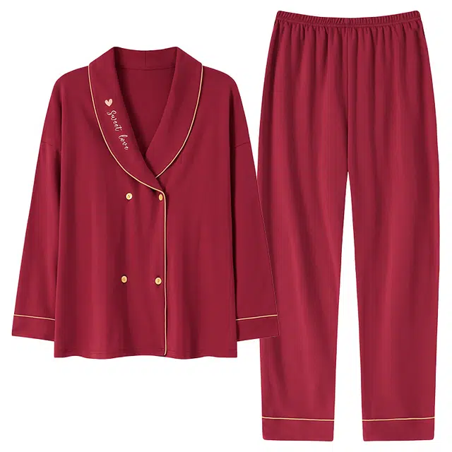 莫代尔 简约抗菌喜庆亲肤舒适优雅轻盈长袖松紧腰头长裤时尚有口袋可外穿家居服睡衣套装 女款 红色