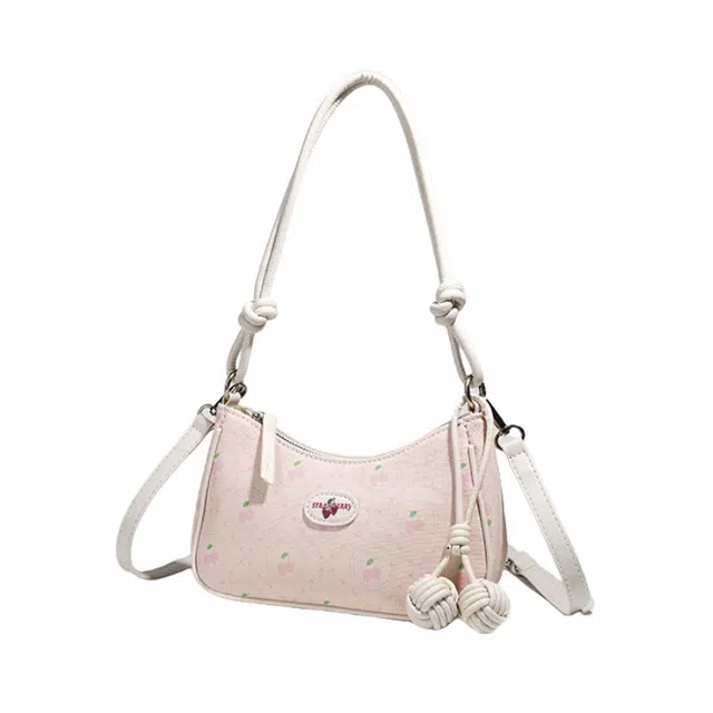爱尔绅特 童趣萌宠少女草莓双绳结挂件通勤 人造革 单肩包 常规 女 米白色/粉色