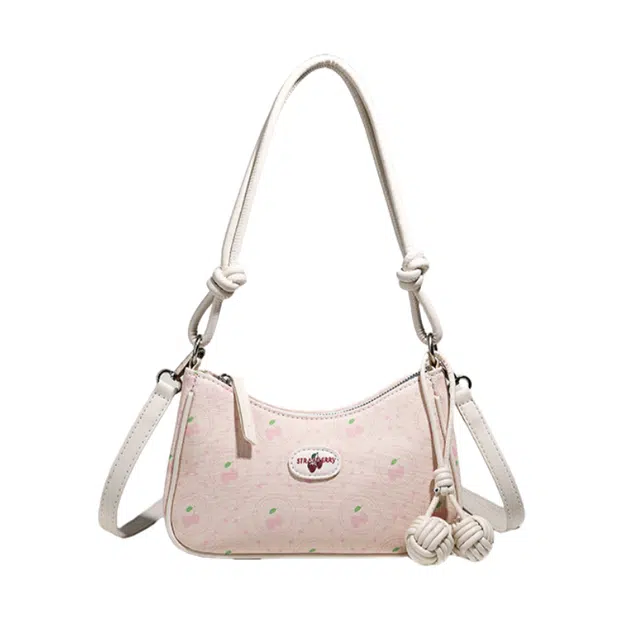 爱尔绅特 童趣萌宠少女草莓双绳结挂件通勤 人造革 单肩包 常规 女 米白色/粉色