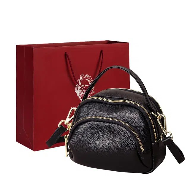 老人头 简约百搭通勤中老年妈妈款上班小包 牛皮 单肩包斜挎包 小号 女 黑色