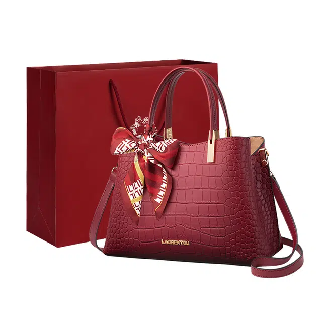 老人头 百搭大气高级质感 牛皮拼合成革 手提包 女 红色