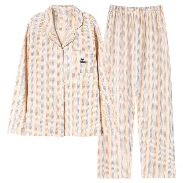 莫代尔 简约亲肤舒适长袖长裤甜美时尚翻领家居服可外穿家居服睡衣套装 女款 杏色