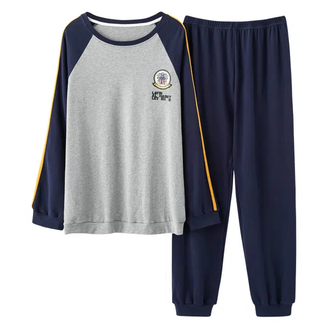 梦特娇 保暖纯棉舒适圆领长袖长裤可外穿柔软亲肤休闲家居服 拼色条纹设计青少年学生宽松百搭睡衣套装 秋冬季 男款 两件装 灰蓝色