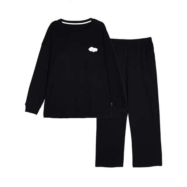 草本初色 简约纯色带胸垫一体大码可外穿长袖长裤家居服睡衣套装 女 图片色