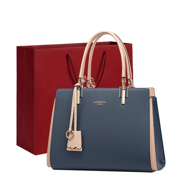 老人头 小众休闲质感简约日常通勤时尚百搭高颜值 牛剖层革品合成革 单肩斜挎手提包 女 蓝色