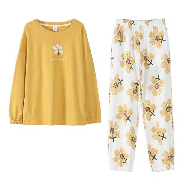 歌倩雅 简约亲肤舒适圆领套头长袖韩版甜美可外穿长裤睡衣套装 女 图片色