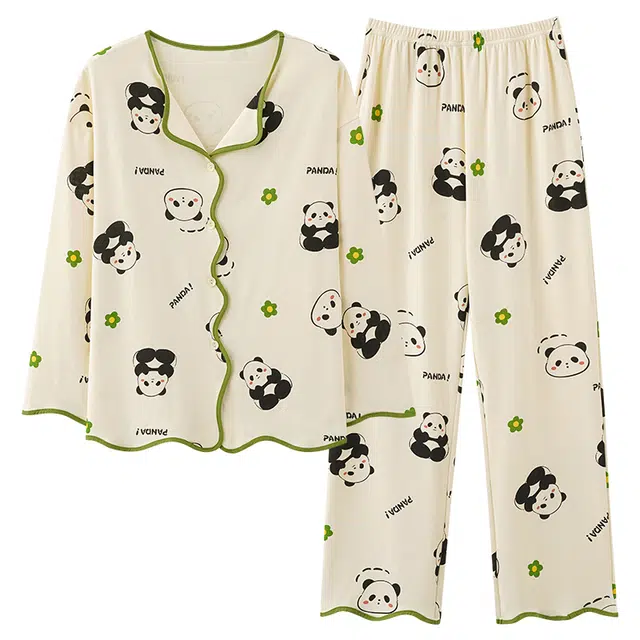 莫代尔 柔软亲肤卡通熊满印时尚长袖长裤开衫翻领家居服可外穿睡衣套装 女款 杏色