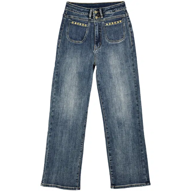 她池 港风水洗做旧阔腿花型扣长裤高腰牛仔裤 女 深蓝色