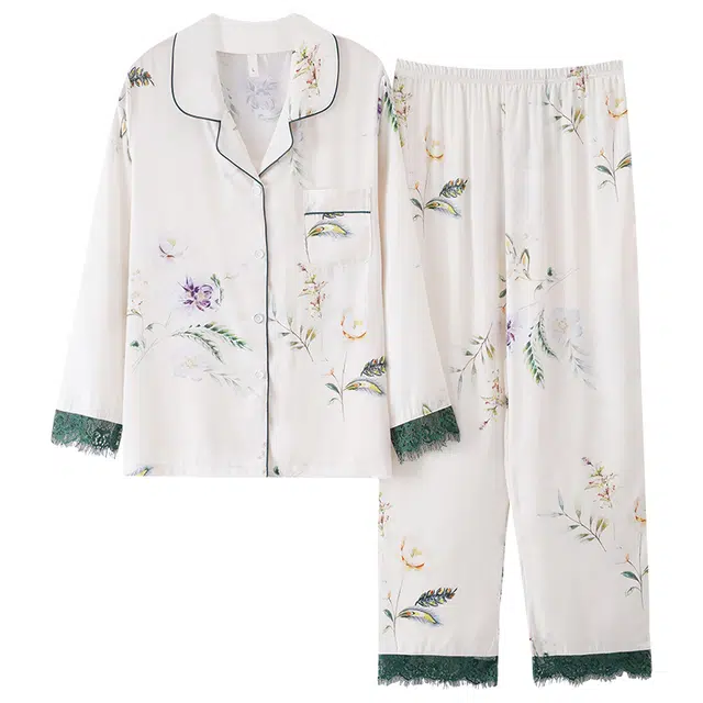 莫代尔 时尚舒适柔软亲肤长袖长裤翻领韩版甜美轻盈时尚家居服可外穿耐磨睡衣套装 女款 白色