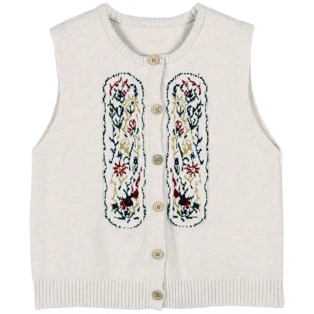 她池 单排扣民族风刺绣短款针织圆领马甲 女 米杏色