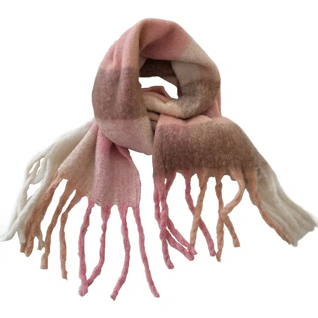 木林森 仙女粉渐变韩系流苏马海毛保暖围脖 棉 绒线围巾 通用