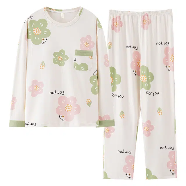 莫代尔 圆领长袖长裤小清新俏皮甜美亲肤柔软细腻轻薄透气春秋季睡衣套装 女款 白色