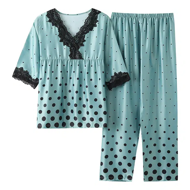 莫代尔 简约优雅亲肤柔软小清新七分袖休闲可外穿长裤睡衣套装 女款 孔雀绿