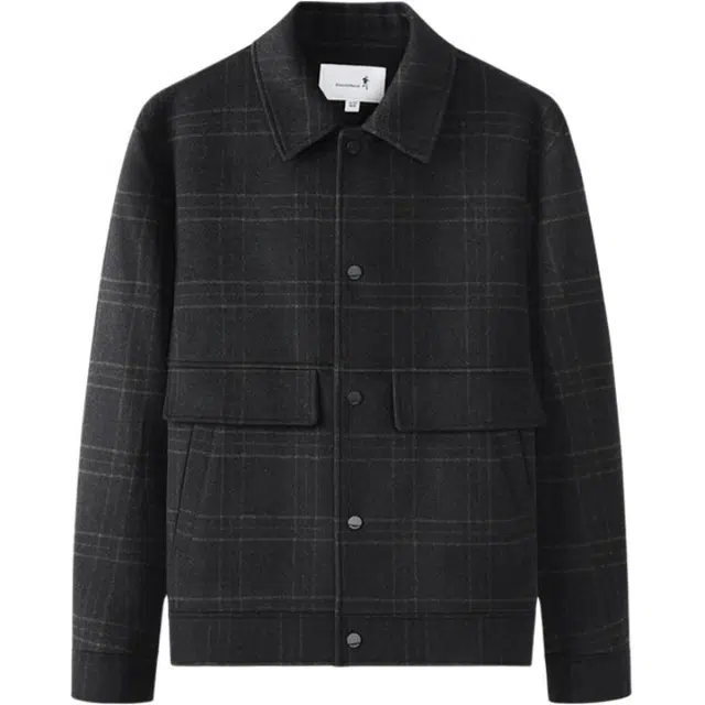 与狼共舞 羊毛呢格纹保暖翻领羽绒服外套 男款 黑色