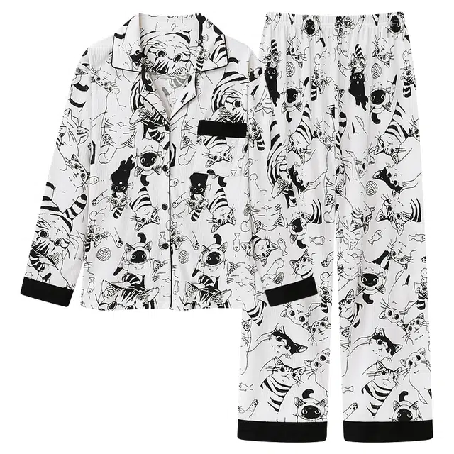 莫代尔 简约卡通满印甜美时尚亲肤舒适开衫翻领长袖可外穿休闲长裤睡衣套装 女款 杏色