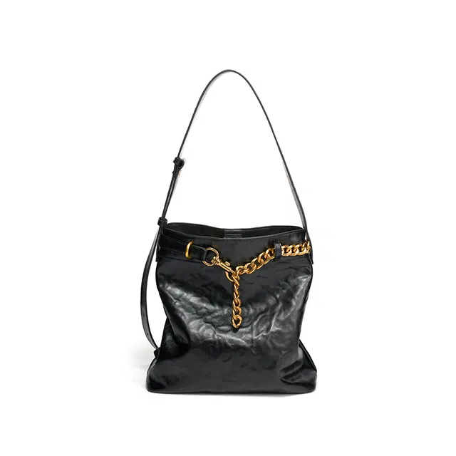 西木汀 晚归 百搭讼弛感软皮 牛皮革拼合成革 水桶包单肩包 女 深邃黑