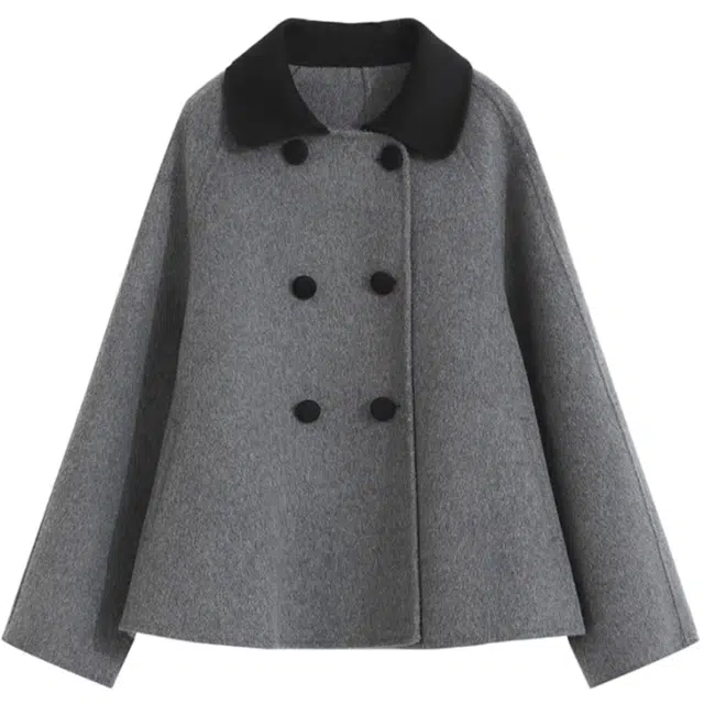 桴生 撞色翻领复古纯色双排扣长袖舒适加厚毛呢大衣 女 灰色