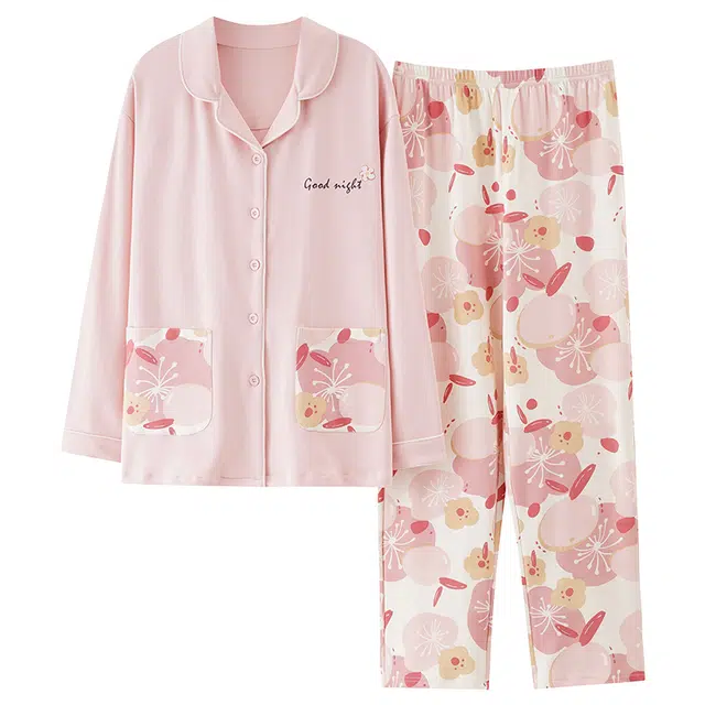 莫代尔 亲肤长袖有口袋长裤韩版甜美家居服可外穿简约小清新睡衣套装 女款 桃色