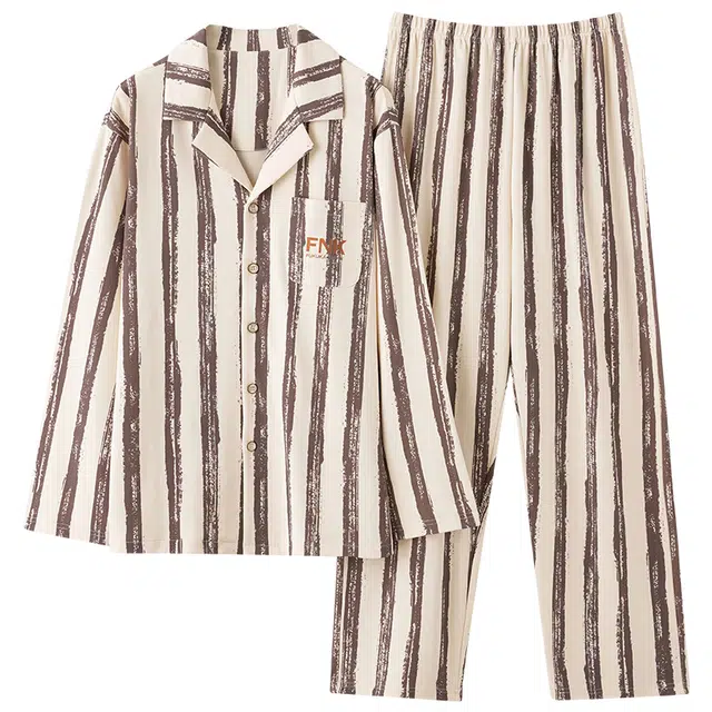 莫代尔 简约透气时尚轻柔亲肤翻领长袖长裤家居服睡衣套装 男 杏色