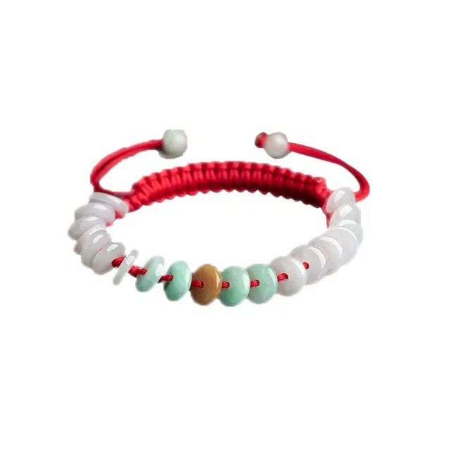 龙弗 新中式三彩平安扣幸运转运 糯种 翡翠手链 女款