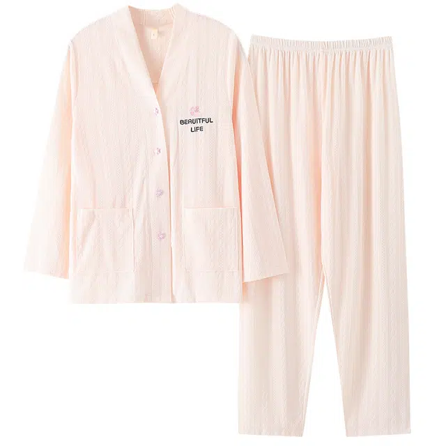 莫代尔 简约柔软韩版甜美时尚柔软长袖可外穿舒适不易起球长裤睡衣套装 女款 杏色