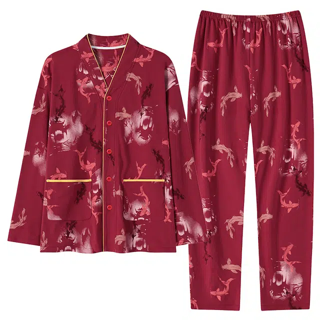 睦隆世家 亲肤透气微弹舒适开衫轻薄可外穿家居服长袖长裤睡衣套装 男款 红色