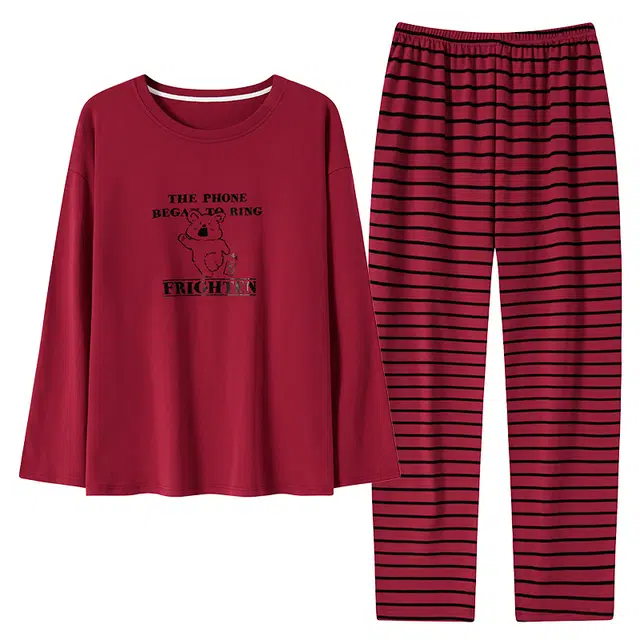 睦隆世家 透气柔软抗菌防螨喜庆时尚简约亲肤舒适长袖长裤家居服可外穿睡衣套装 男款 红色