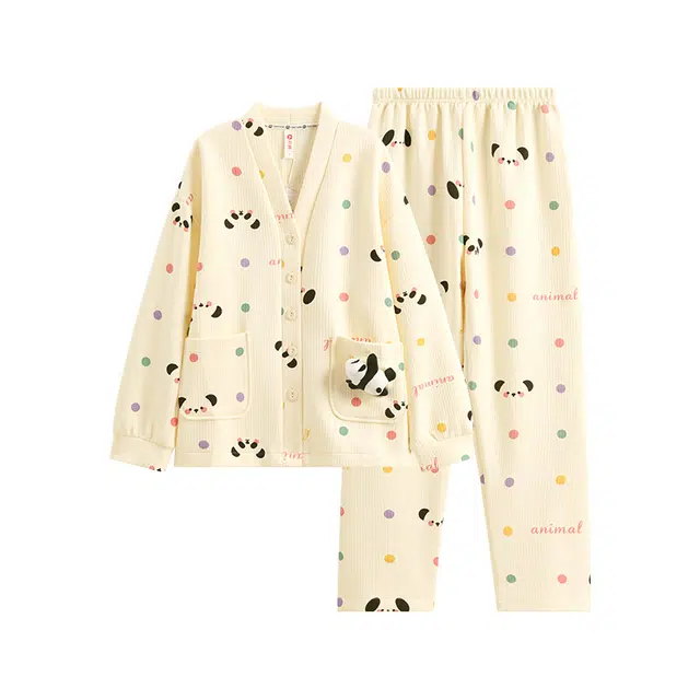 芬腾 简约亲肤舒适满印开衫长袖休闲可外穿长裤睡衣套装 女款 浅黄