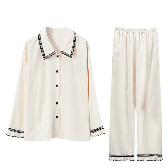 欧迪芬 舒适开衫翻领透气柔软亲肤长袖长裤简约雅致休闲睡衣套装 女款 杏色