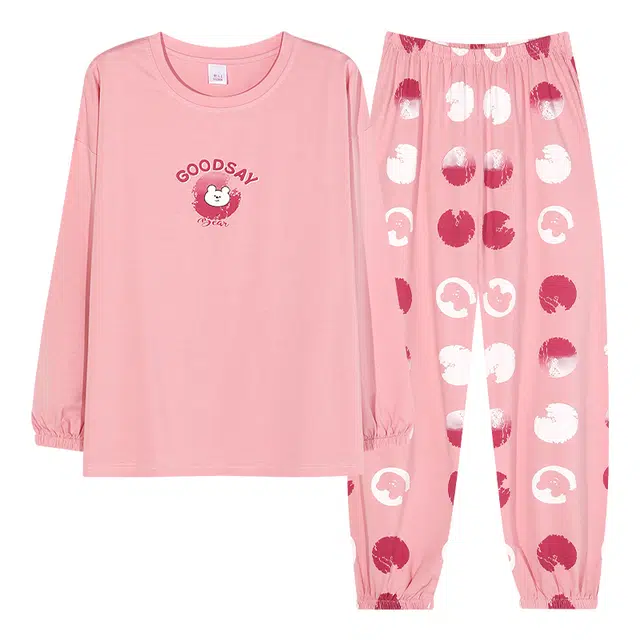 歌倩雅 可外穿圆领套头长袖长裤睡衣套装 女款 粉色