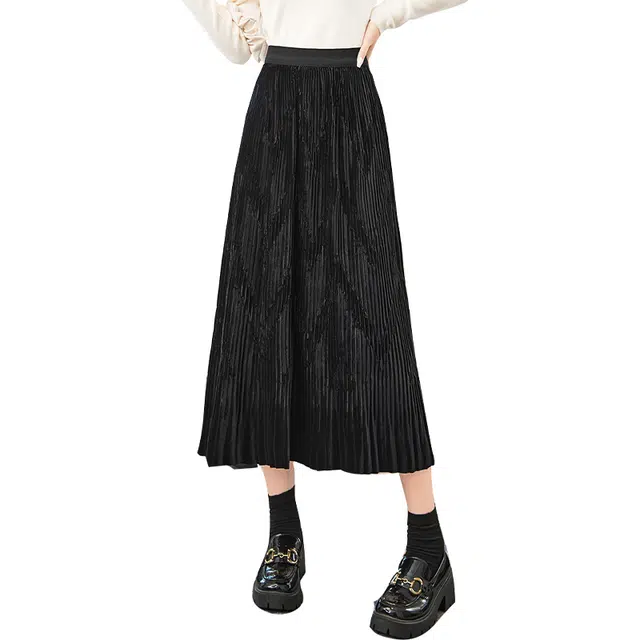 她池 纯色百褶宽松休闲长裙 女款 黑色