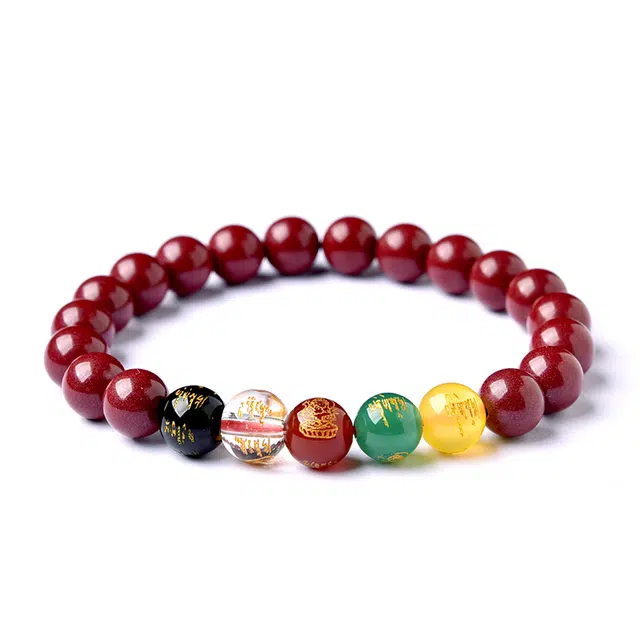 灵菲 五路财神 高含量紫金招财转运 平安纳财纳福  国潮复古 佛珠文玩盘玩 再造辰砂朱砂 玉石手串 女款 礼盒
