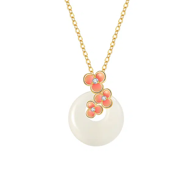 周百福 国潮新中式轻奢小众设计高级感十里桃花平安扣 玉髓 玉石项链 女款