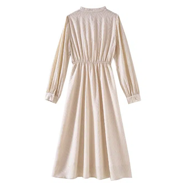 欧昵雪 新中式立领时尚休闲气质长袖连衣裙 女款 杏色