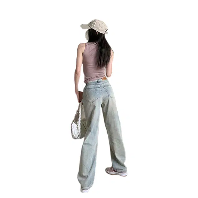拉夏贝尔 美式复古简约舒适宽松高腰阔腿牛仔裤 女款 浅蓝色