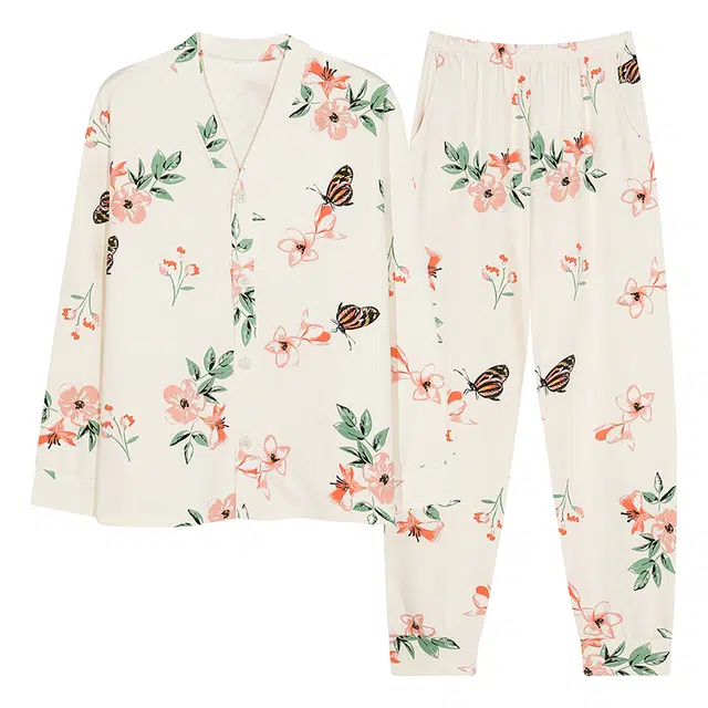 莫代尔 柔软透气吸湿排汗轻盈微弹亲肤耐磨舒适长袖长裤居家休闲可外穿睡衣套装 女款 杏色