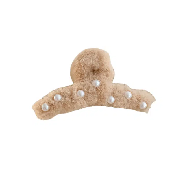 水中玉 毛茸茸珍珠抓夹后脑勺鲨鱼夹发卡毛绒夹子头饰 布艺 发夹 女款