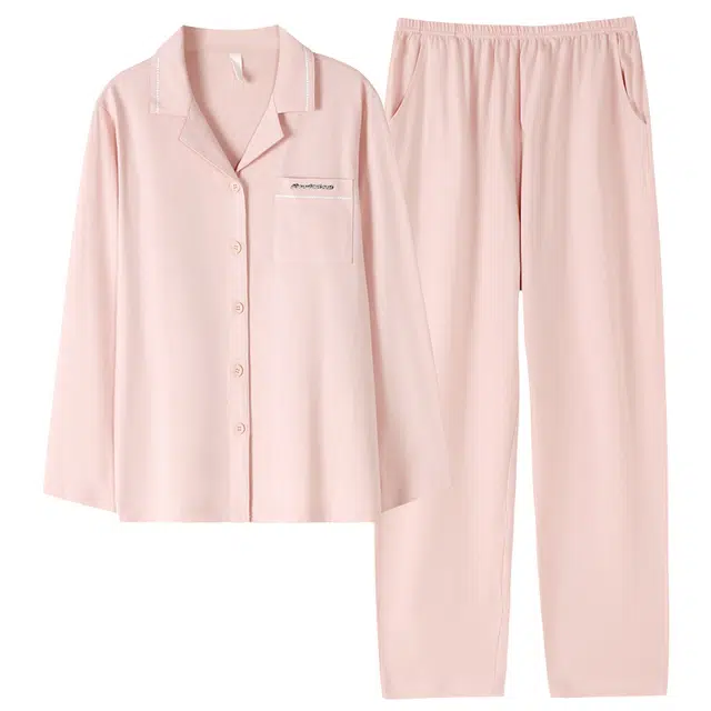 莫代尔 休闲舒适开衫纯色长袖长裤家居服可外穿睡衣套装 女款 水蜜桃