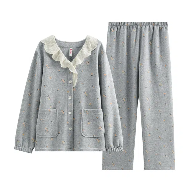 芬腾 简约亲肤舒适柔软透气长袖休闲可外穿长裤睡衣套装 女款 浅花灰
