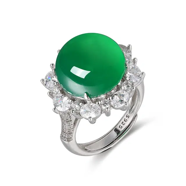 翠雅金楼 鸽子蛋新中式冰阳绿 豪华满镶活口可调节 玉髓 玉石戒指 男女同款情侣款