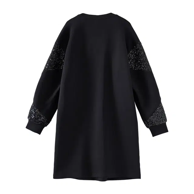 欧昵雪 圆领宽松落肩袖长袖连衣裙 女款 黑色